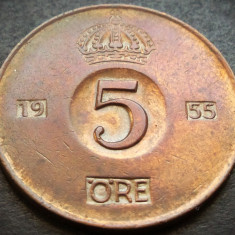 Moneda istorica 5 ORE - SUEDIA, anul 1955 * cod 4787 = PATINA CAMEO