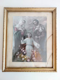 Tablou vechi icoana pe hartie foto, rama de lemn si sticla Sfanta Familie
