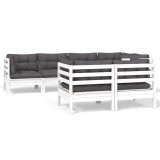 Set mobilier gradina cu perne, 7 piese, alb, lemn masiv de pin