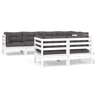 Set mobilier gradina cu perne, 7 piese, alb, lemn masiv de pin foto