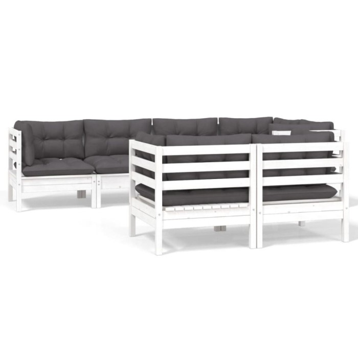Set mobilier gradina cu perne, 7 piese, alb, lemn masiv de pin