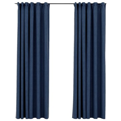 Perdele opace aspect panza carlige, 2 buc, albastru, 140x225 cm foto