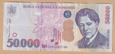 (1) BANCNOTA ROMANIA - 50.000 LEI 2000 (2008), VIOARA, PORTRET GEORGE ENESCU, STARE FOARTE BUNA foto