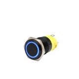 Buton push iluminat cu mentinere, 5A 12-24V DC, 19mm, IP67, metalic, inel LED albastru, 5 pini, FLM16-FJ-1-EX000-A11Z5-BLUE