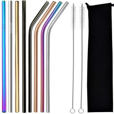 Set Paie Inox Reutilizabile pentru Băuturi, 8 Bucăți, 21.5x0.6cm, Curbe și Drepte, Curățător Inclus foto