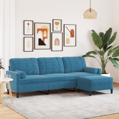 vidaXL Canapea cu 3 locuri și taburet, albastru, 210 cm, catifea 3278286 foto