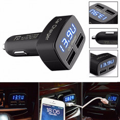 Incarcator dublu auto, 2 x 3.1 A USB, voltaj, temperatura, led albastru, negru foto