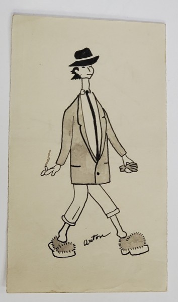 CARICATURA DE PRESA , SEMNATA &#039; ANTON &#039; , BARBAT CU PANTOFI IMBLANITI , INTERBELICA
