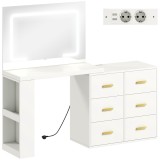 HOMCOM Stație de Machiaj cu Lumini LED, 3 Culori, Luminozitate Reglabilă, Toaletă Convertibilă cu Prize Electrice, 6 Sertare Soft Close, Oglindă, Raft