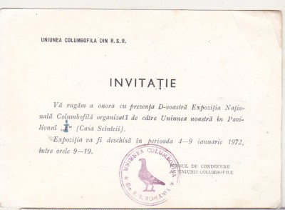 bnk div Invitatie Uniunea Columbofila RSR - Bucuresti 1972 foto