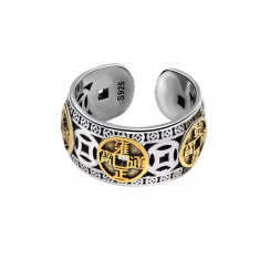 Inel feng shui cu monede chinezesti pentru atragerea prosperitatii din metal reglabil