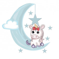 Sticker decorativ Unicorn cu luna si stele, Mov, 60 cm, 1240-5ST