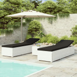 vidaXL Set 3 Piese Șezlonguri Grădină Poliratan Alb cu Masă, 195x60x31cm, Rezistent Intemperii, Pliabil