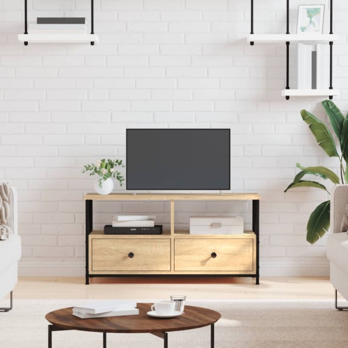 vidaXL Comodă TV, stejar sonoma, 90x33x45 cm, lemn prelucrat &amp; fier 831794