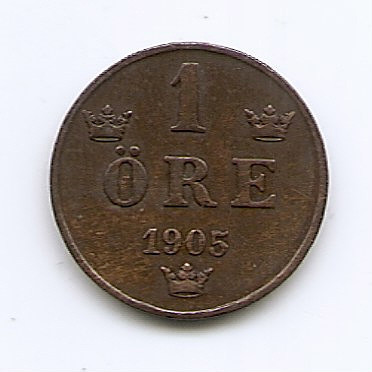 Suedia 1 Ore 1905 - Oscar II (litere foarte mari) Bronz, 16 mm KM-750