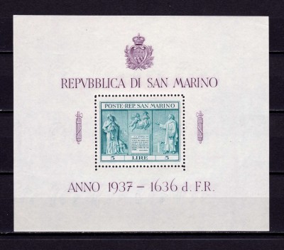 ✅ (C 32) San Marino 1937 &amp;quot; Monumentul Independentei-Carducci &amp;quot;, colita nr. 1/Mi. 234 cota 25 &amp;euro;, MNH , stare exceptionala - posibile defecte minore foto