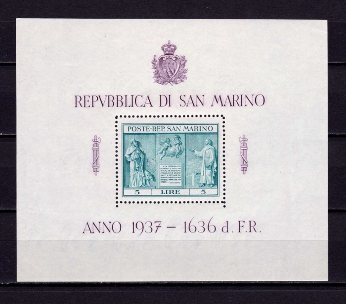 ✅ (C 32) San Marino 1937 &quot; Monumentul Independentei-Carducci &quot;, colita nr. 1/Mi. 234 cota 25 &euro;, MNH , stare exceptionala - posibile defecte minore