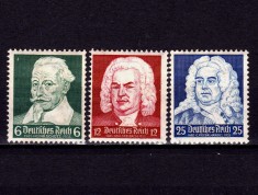 ✅ (S43) Germania Reich 1935 &quot;Aniversari - Sch&uuml;tz / Bach / Handel &quot; serie completa Michel 573/575, MNH perfecte