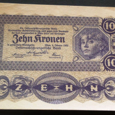Bancnota istorica 10 COROANE - AUSTRO-UNGARIA (AUSTRIA), anul 1922 * cod 630 B