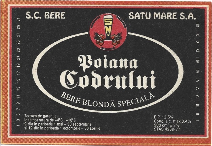 NI424 Etichetă bere blondă specială Poiana codrului, SC Bere Satu Mare SA, &icirc;nceputul anilor 1990