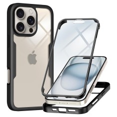 Husa 360 iPhone 15 Pro Max, fata-spate, transparenta cu rama negru, antiE oc, compatibila wireless , Techsuit
