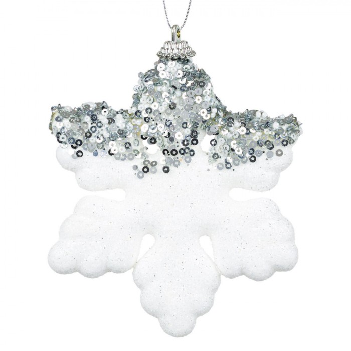 Ornament Brad Crăciun, Fulg Spumă, Culoare Alb Irizat, Mărgele și Paiete Argintii, Dimensiuni 10x12 cm