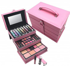 Trusa machiaj make up completa MagicColor cu geanta valiza roz rujuri farduri foto