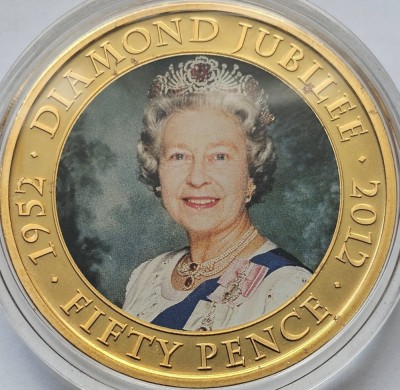 50 pence 2012 Jersey, Queen&amp;#039;s Diamond Jubilee, Gold plated, Bunc, Capsula, km#253 foto