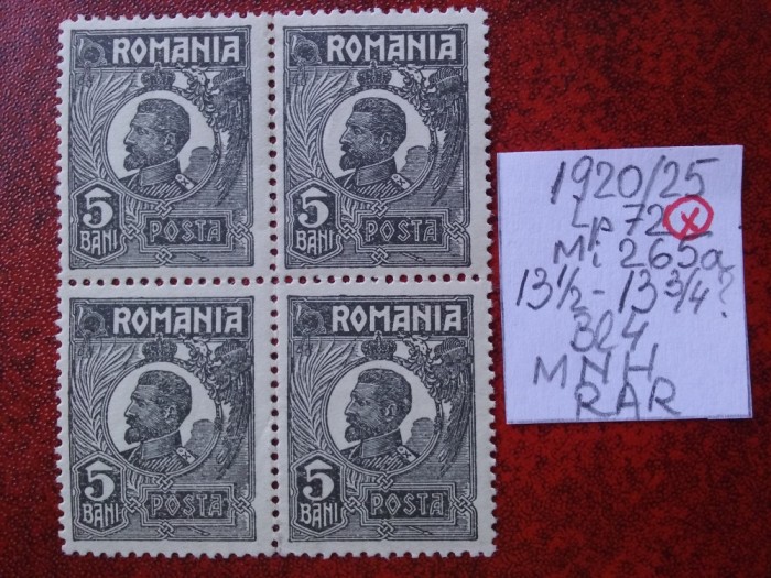 1920- Romania- Ferd. b. mic Mi265a-bl.4-dant.rara-MNH