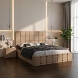 Pat Tapitat Titan Crem Catifea Premium cu Noptiere Tapitate Stoc limitat