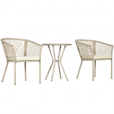 Outsunny Set de Mobilier de Gradina din 3 piese din Ratan, Set de Bistro din Ratan din PE cu Masa de Sticla, Perne Moi, Set de Mobilier de Conversatie