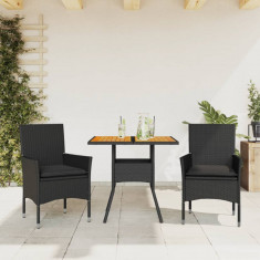 vidaXL Set mobilier grădină perne 3 piese negru poliratan/lemn acacia