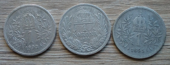 Lot 3 monede argint 1 korona 1893, 1894 și 1895