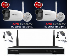 Sistem supraveghere video exterior wireless 2 camere IP 4Mp Hikvision IR 30 metri, NVR 4 canale foto