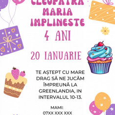 Set 10 invitatii aniversare aniversare fetite, cu plicuri, model Tort si Cadouri