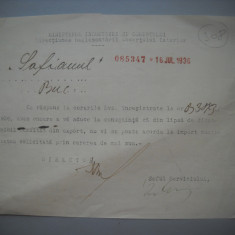 HOPCT DOCUMENT VECHI 308 MINISTERUL INDUSTRIEI COMERT EXTERIOR /BUCURESTI 1936