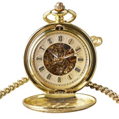 Ceas de buzunar Gorben P240 Auriu - Skeleton Mecanic, Afisaj cu Cifre Romane, Cu Lant Vintage Retro