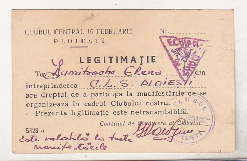 bnk div Clubul Central 16 februarie Ploiesti - legitimatie -