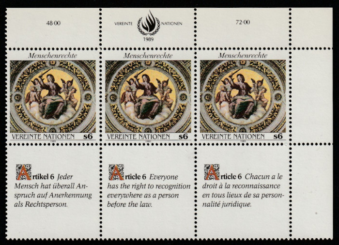 Natiunile Unite Vienna 1989-Drepturile omului Art.6,dant,MNH,Mi.97Zf1-97Zf3