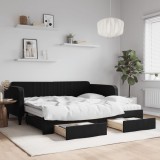 Pat de zi extensibil vidaXL, 100x200 cm, negru, catifea, cu 2 sertare + 2 saltele spuma