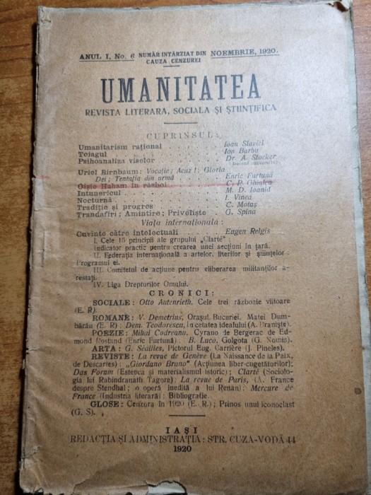 revista umanitatea noiembrie 1920 - anul 1,nr, 6-ioan slavici,ion barbu