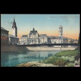 Carte poștală veche Oradea &ndash; K&ouml;r&ouml;sparti R&eacute;szlet a V&aacute;rosh&aacute;z&aacute;val (Vedere Malul Crisului cu Primaria) &ndash; 1915