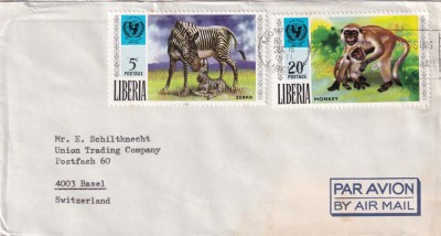 FILATELIE TEMATICA - PLIC LIBERIA TEMATICA FAUNA ZEBRA MAIMUTA AIRMAIL foto