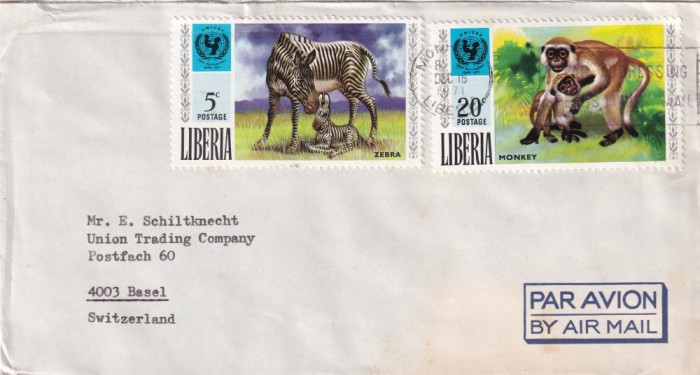 FILATELIE TEMATICA - PLIC LIBERIA TEMATICA FAUNA ZEBRA MAIMUTA AIRMAIL