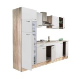 Mobilă de bucătărie Yorki 270, corp din stejar sonoma, față alb satinat, frigider cu congelator superior