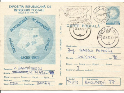 @carte postala(cod 0100/87)- EXPOZITIA REPUBLICANA DE INTREGURI POSTALE 1987, foto