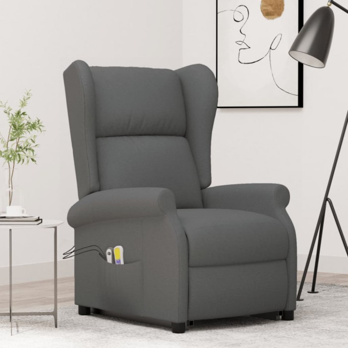vidaXL Fotoliu de masaj cu ridicare, gri &icirc;nchis, textil