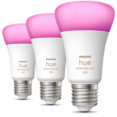 Pachet 3 becuri LED inteligente Philips Hue A60, E27, 9W, 806 lm, Lumina RGB, Bluetooth