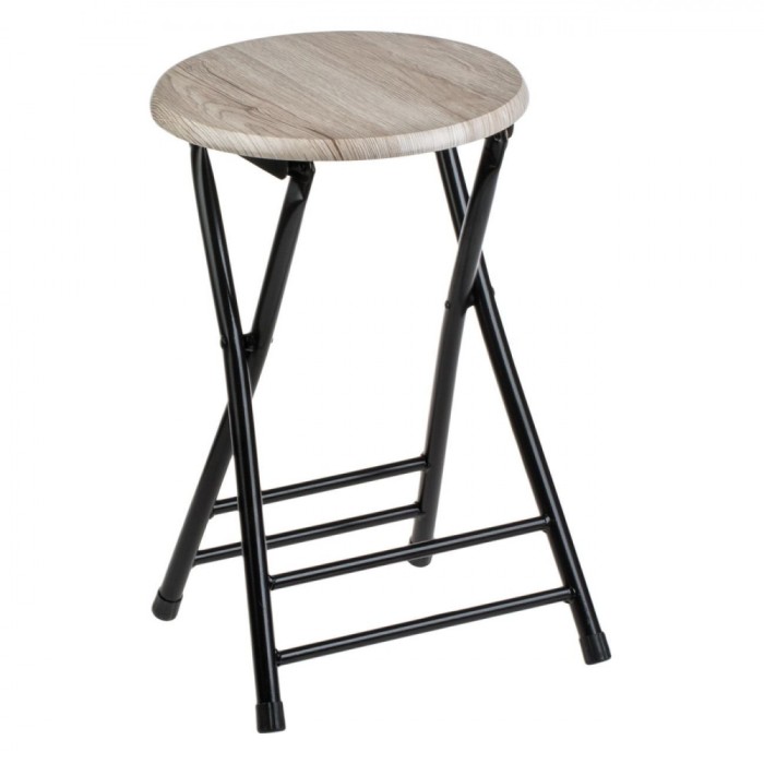 Taburet Pliabil Metalic, Scaun MDF, Diametru 30cm, &Icirc;nălțime 47cm, Maro