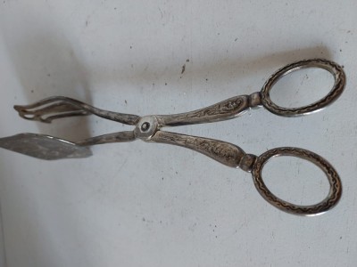 Clește vintage tip foarfeca, placat cu argint, pentru prăjituri sau produse de patiserie, 22cm foto